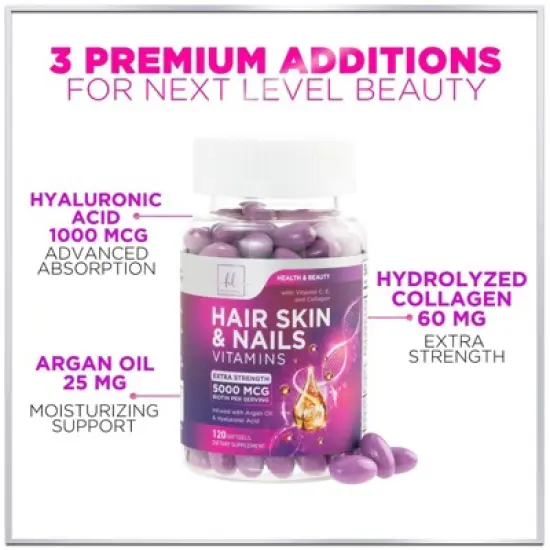 Hair, Skin & Nails Vitamins Women, Biotin 5000mcg to Support Hair Growth with Argan Oil, Collagen & Hyaluronic Acid - 120 Softgels By Hello Lovely! image {4}