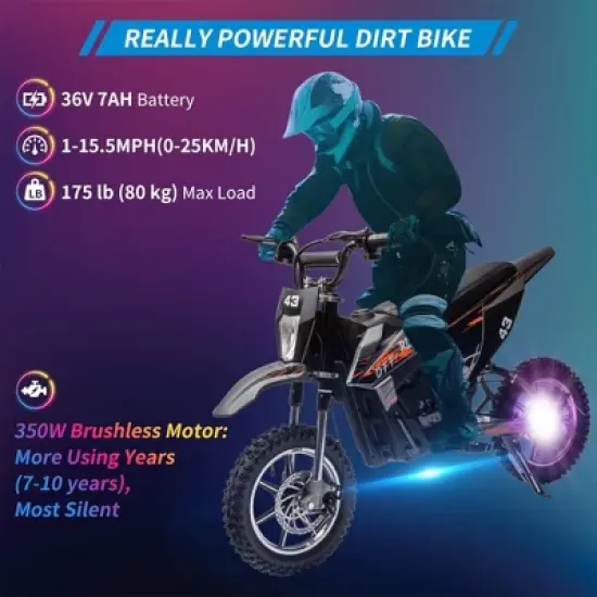36V Electric Dirt Bike for Kids, Ride on Motorcycle 350W Brushless Motor Fast Speed 15.5MPH image {2}