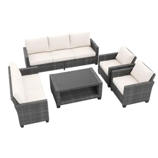 5-Piece Outdoor Patio Furniture Set, 7-Seat PE Rattan Sectional Sofa with Storage Table & Water-Repellent Cushions, Backyard, Deck, Poolside image {1}
