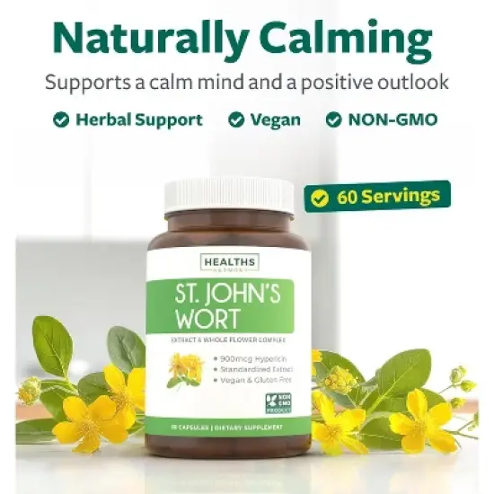 St Johns Wort Capsules, Powerful 900mcg Hypericin, Standardized Extract & Whole Herb Supplement, Health's Harmony, 60, 120 or 180ct image {1}