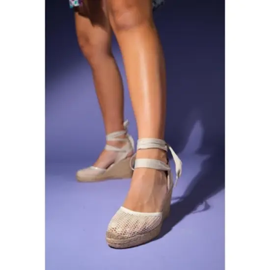 Lions - Beige Mesh Leather Wedge Espadrilles Sandal (Women) | Forever & Always Shoes image {1}