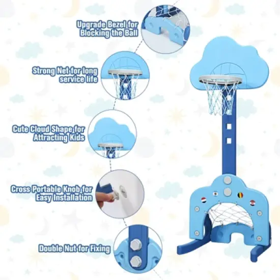 3-in-1 Kids Basketball Hoop Set Adjustable Sports Activity Center w/ Balls Blue\Green\White image {9}