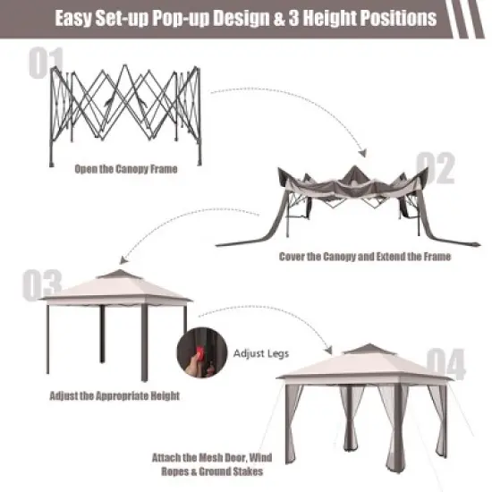 Costway 11'x11' 2-Tier Pop-Up Gazebo Tent Portable Canopy Shelter Carry Bag Mesh Brown\Beige image {8}