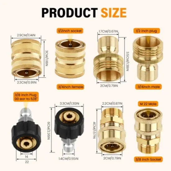 Syemin Landscape Equipment Parts and Accessories, 8-Piece Pressure Washer Adapter Set, Quick Disconnect Kit for Lawn, Gold, 1.14" * 1.14" * 1.18" image {1}