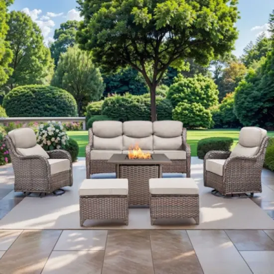 Gymojoy 6 Pieces Outdoor Patio Wicker Sofa Swivel Chair Ottoman with 6 Inch Cushions and Fire Pit Table image {15}