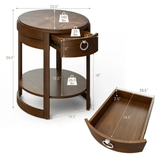 Costway  Side End Table with Drawer Storage Shelf Classic Accents Nightstand Walnut Elliptical image {2}
