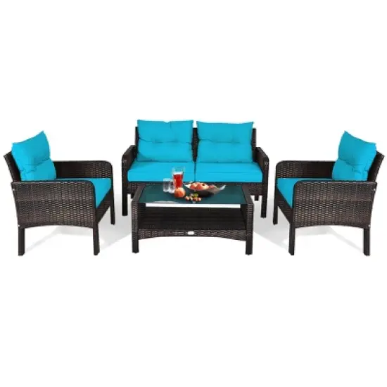 Tangkula 4 Piece Patio Conversation Set Rattan Wicker Loveseat Sofa Coffee Table & Glass Top Red/Turquoise Cushions image {9}