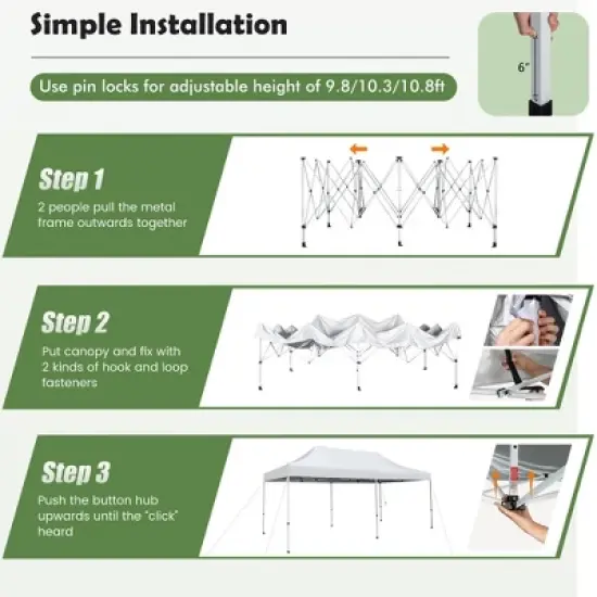 Tangkula 10 x 20FT Patio Pop-Up Folding Canopy Tent UPF 50+ ONE-BUTTON SETUP Instant Sun Shelter White image {5}