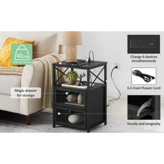 VECELO 1/2 Pcs Nightstands with USB Ports and Outlets, Modern Bedside End Tables Night Stands with Drawer and Storage Shelf image {4}