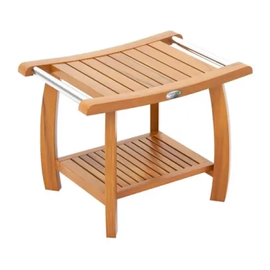 Tangkula Teak Wood Shower Bench 2-Tier Wooden Shower Stool w/ Curved Seat Handles Large image {9}