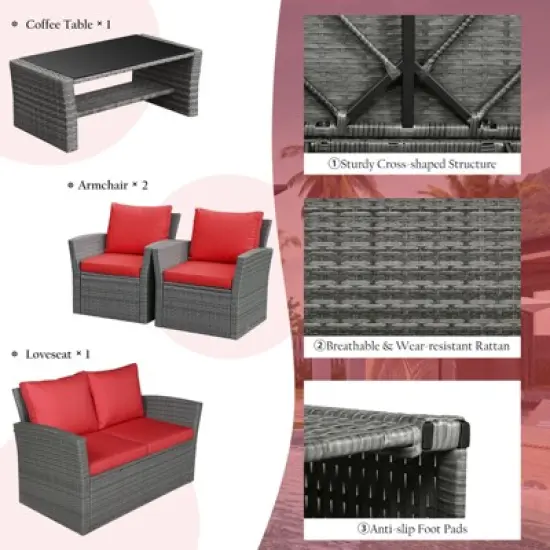 Tangkula 4-Piece Rattan Wicker Patio Outdoor Furniture Sofa Set with Cushions & Tempered Glass Table image {6}