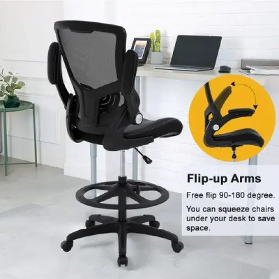FDW Drafting Chair Tall Office Chair Standing Desk Chair with Flip Up Arms Foot Rest Back Support Adjustable Height Drafting Stool, Black image {4}