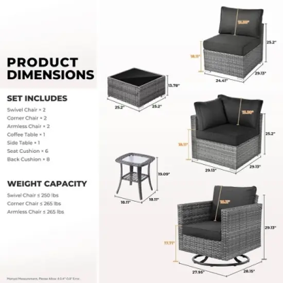 Ovios Venice 8pc Wicker Outdoor Patio Furniture Set Conversation Sofa Sectional with Swivel Chairs and Cushions image {5}
