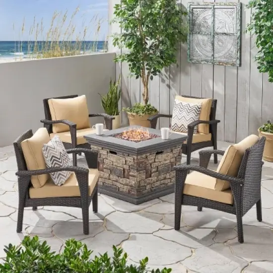 Kaula 5pc Faux Rattan Club Chair & Fire Pit Chat Set - Christopher Knight Home image {7}