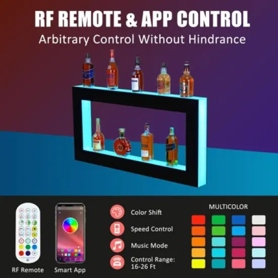 LED Lighted Liquor Bottle Display, Square 3-Step 48-Inch Wall Mounted Acrylic Liquor Shelf with Remote & App Control image {2}