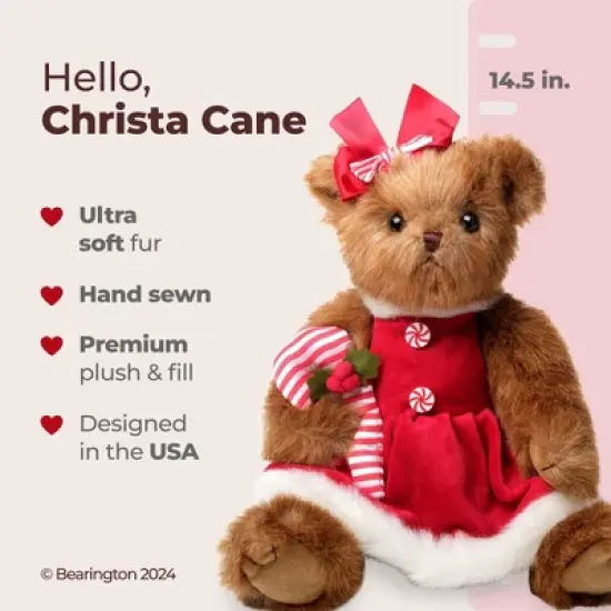 Bearington Christa Cane Stuffed Animal, 14.5 Inch, Christmas Teddy Bear Plush Decoration, For Ages 3-14 image {5}