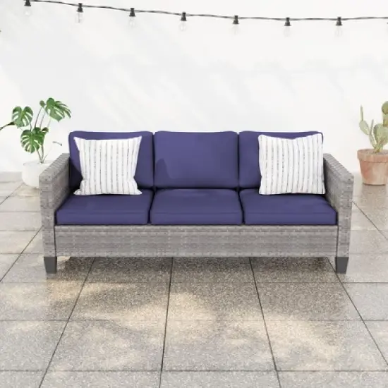 Sonkuki Outdoor Wicker Patio 3-Seat Sofa, PE Rattan Conversation Set With All-Weather Cushions image {12}