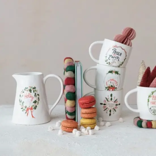 Storied Home 1 Quart Stoneware Pitcher with Gold Electroplating "Holly Jolly", Multicolor image {2}