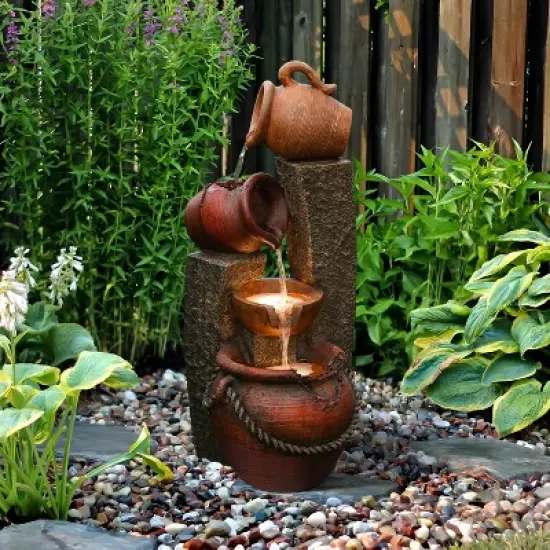 LuxenHome 32" Water Fountain Outdoor with Lights, Cascading Pitchers Pot Outdoor Fountains and Waterfalls Brown image {1}