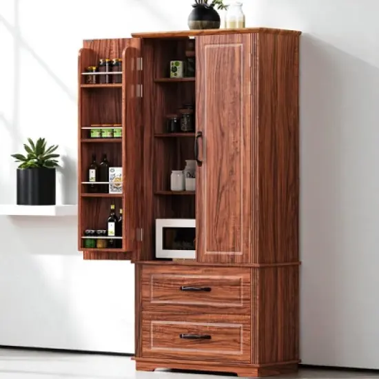 Kitchen Pantry Cabinet with 2 Drawers, 8 Door Shelves, Adjustable Shelves, Embossed Texture Freestanding Storage Hutch for Dining Room image {14}