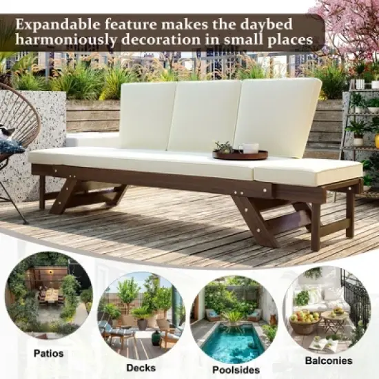 APRILSOUL Outdoor Adjustable Patio Wooden Daybed Sofa Chaise Lounge with Cushions for Small Places image {3}