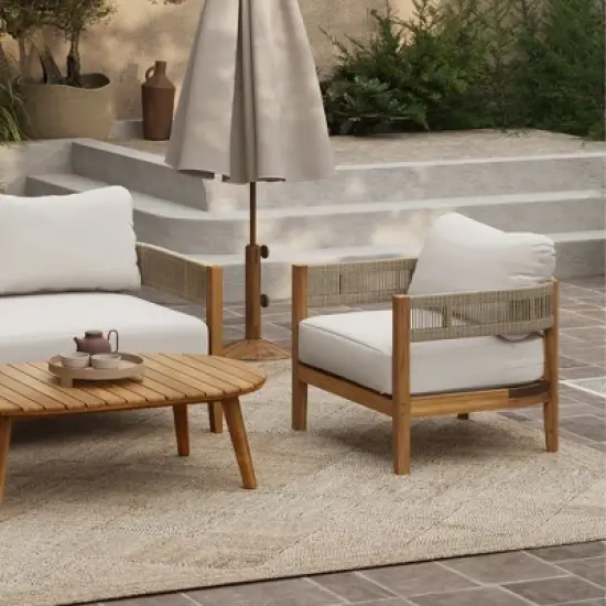 LuxenHome Outdoor Acacia Wood with Rope Sides 4-Person Club Patio Set with Coffee Table image {3}