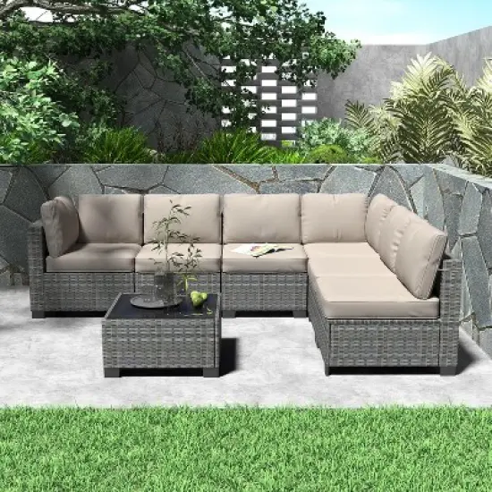 Acekool 7 Piece Patio Set Rattan Outdoor Sofa with Cushions PE Wicker Sectional Couch and Table for Balcony Garden Porch Conversation image {7}