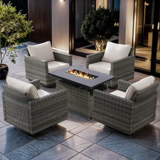 Buenhomino 5pcs Wicker Patio seating Furniture Fire Pit Set with Swivel Chairs for Garden Porch Backyard image {11}