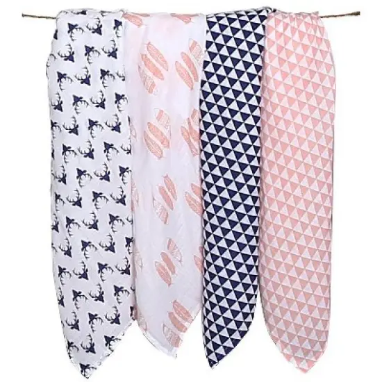 Bacati - Olivia Coral/Navy Muslin Buck/Feathers/Triangles Swaddling Blankets set of 4 image {3}
