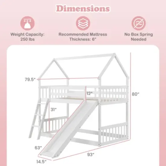 Tangkula Twin Over Twin House Bunk Bed w/ Slide Solid Wood Low Bunk Bed for Kids White image {8}