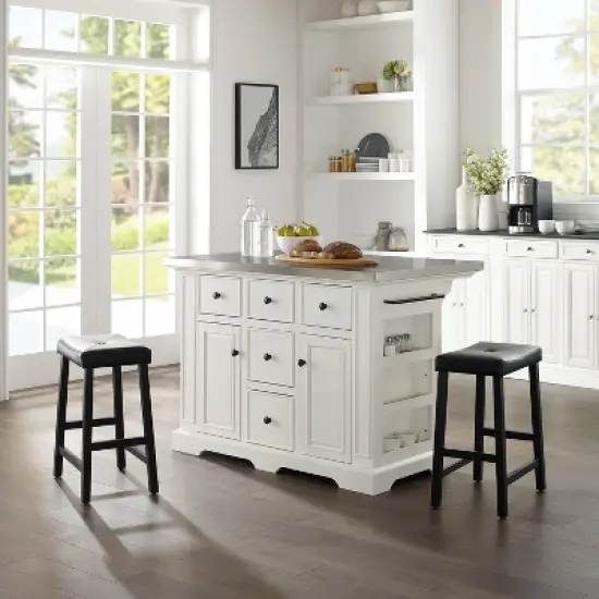 Julia Stainless Steel Top Kitchen Island with 2 Upholstered Saddle Counter Height Barstools White - Crosley image {1}