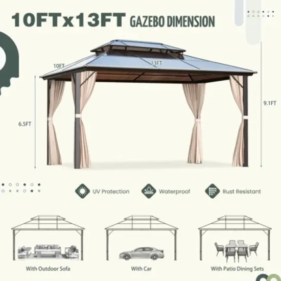 EROMMY 10 FT X 13 FT Aluminum Patio Hardtop Gazebo image {10}