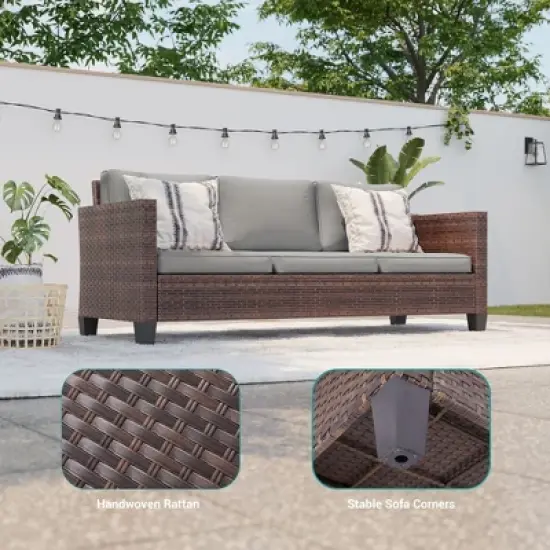 Sonkuki Outdoor Wicker Patio 3-Seat Sofa, PE Rattan Conversation Set With All-Weather Cushions image {3}