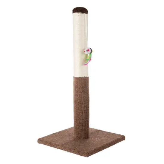 Cat Scratching Post with Carpeted Base &ndash; 24.5-Inch Sisal Fabric Scratcher with Hanging Mouse Toy for Adult Cats and Kittens by PETMAKER (Brown) image {5}