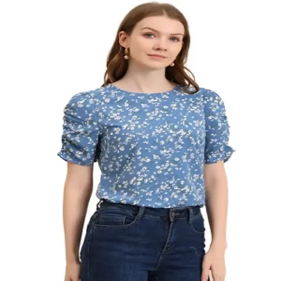 Allegra K Women's Floral Crew Neck Summer Casual Shirred Short Sleeve Blouse image {15}