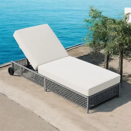 Mshliw Outdoor Lounge Chair with 5-Position Backrest, Rattan Chaise Lounge with Cushion and Wheels for Poolside, Backyard & Garden image {12}