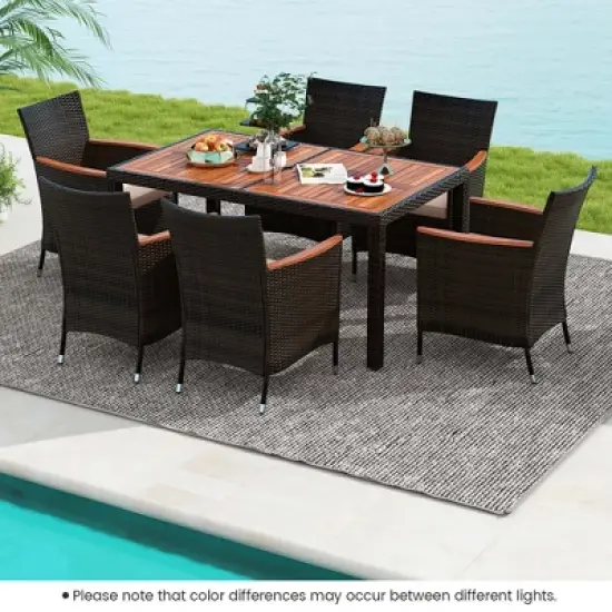 Costway 7 Pieces Outdoor Wicker Dining Set with Acacia Wood Table and 6 Stackable Chairs image {3}