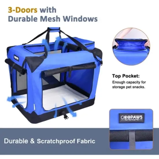 JESPET 30'' Soft Pet Crates Kennel, 3 Door Soft Sided Folding Travel Pet Carrier with Straps and Fleece Mat for Dogs and Cats, Black image {1}