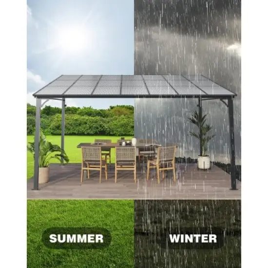 10' x 14' Outdoor Gazebo, Patio Hardtop Lean to Gazebo with Sturdy Steel Frame, Large Wall Mounted Heavy Duty Awning Outdoor Pergola for Porch, Deck image {4}