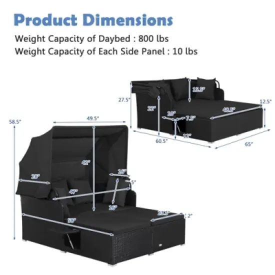 Tangkula Patio Rattan Daybed with Retractable Canopy Wicker Sun Lounger with 2 Foldable Side Panels Thick Seat & Back Cushions image {8}