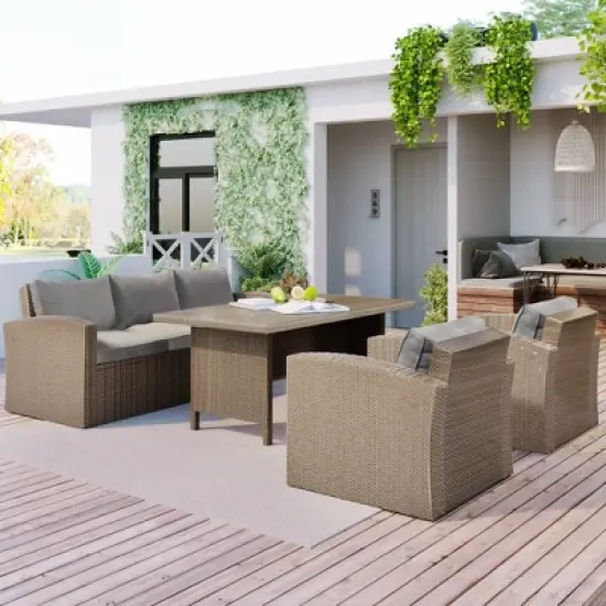 4pc Outdoor Wicker Conversation Set with Cushions - Gray - GODEER image {2}