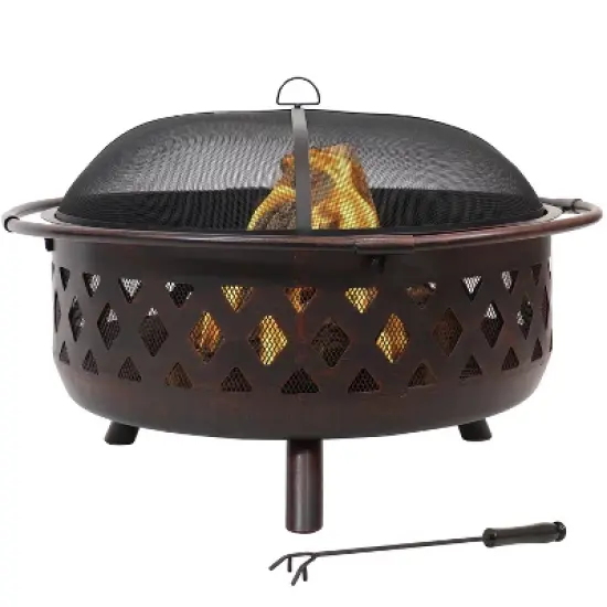 Sunnydaze Outdoor Camping or Backyard Crossweave Cut Out Fire Pit with Spark Screen, Log Poker, and Metal Wood Grate - Bronze image {9}