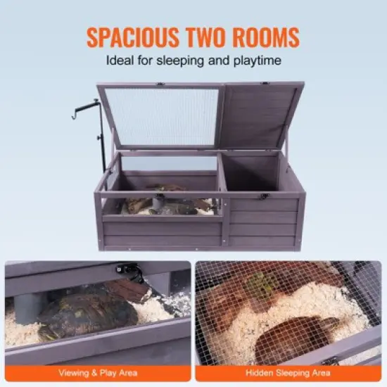 VEVOR Tortoise Habitat,Wooden Tortoise House Indoor & Outdoor, Tortoise Enclosure with Adjustable Lamp Holder,2-Room Small Animal Cage 38x24x13 inch image {4}