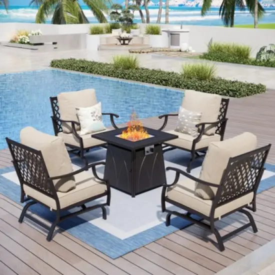 Captiva Designs 5pc Metal Patio Outdoor Conversation Fire Pit Set with Rocking Grid-back Armchairs for Garden, Poolside, Backyard image {14}