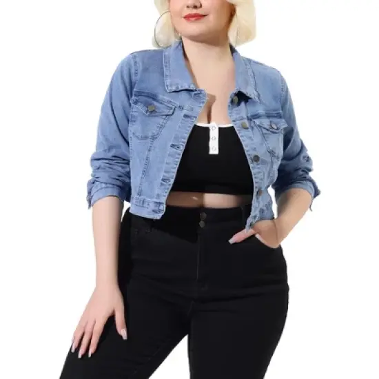 Agnes Orinda Women's Plus Size Cropped Long Sleeve Trendy Fashion Denim Jean Jackets image {15}
