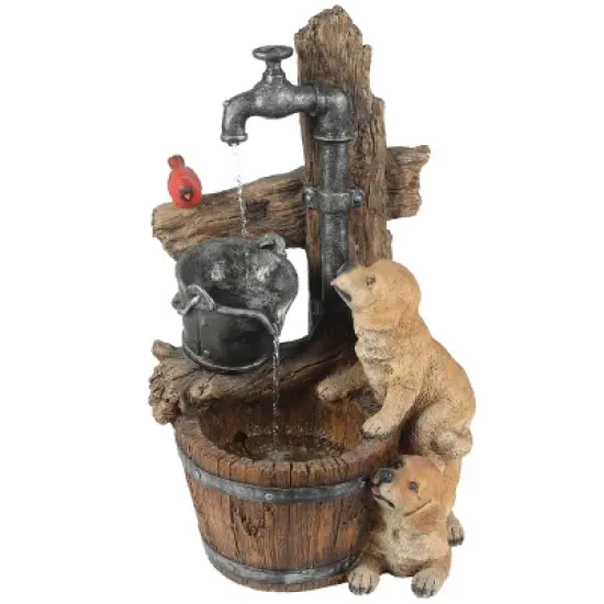 LuxenHome Resin Puppies and Water Pump Outdoor Fountain with LED Light image {1}