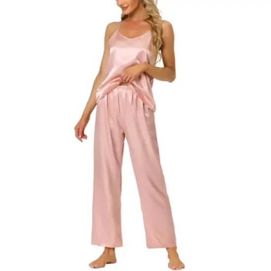 cheibear Womens Satin Lounge Solid Color Cami Tops with Pants Sleepwear Pajamas Sets image {6}