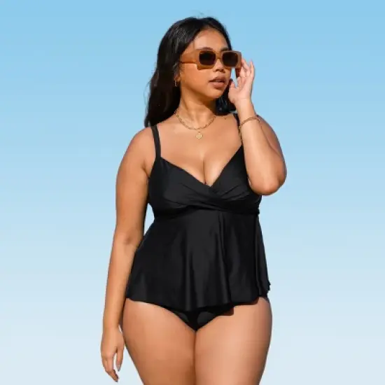 Women's V Neck Wrapped Plus Size Tankini Set - Cupshe image {6}