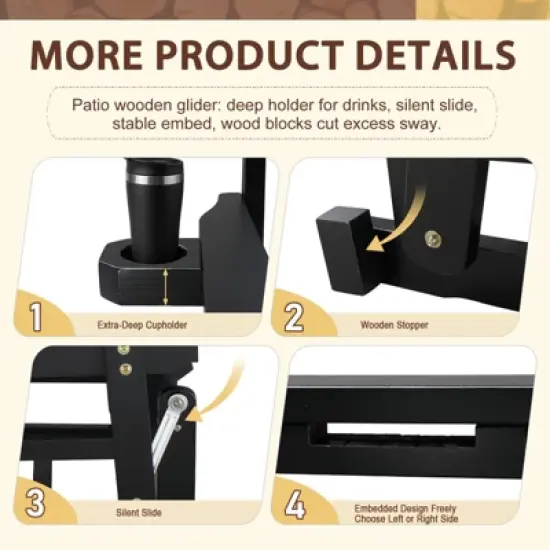 Karl Home | 48 in. Solid Wood Patio Glider Bench with Cup Holder image {2}