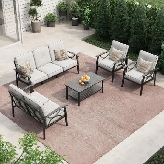 Heynemo Outdoor Patio Furniture Set, 5 Piece Patio Conversation Set with Coffee Table, Metal Furniture Set for Porch Backyard Garden image {7}